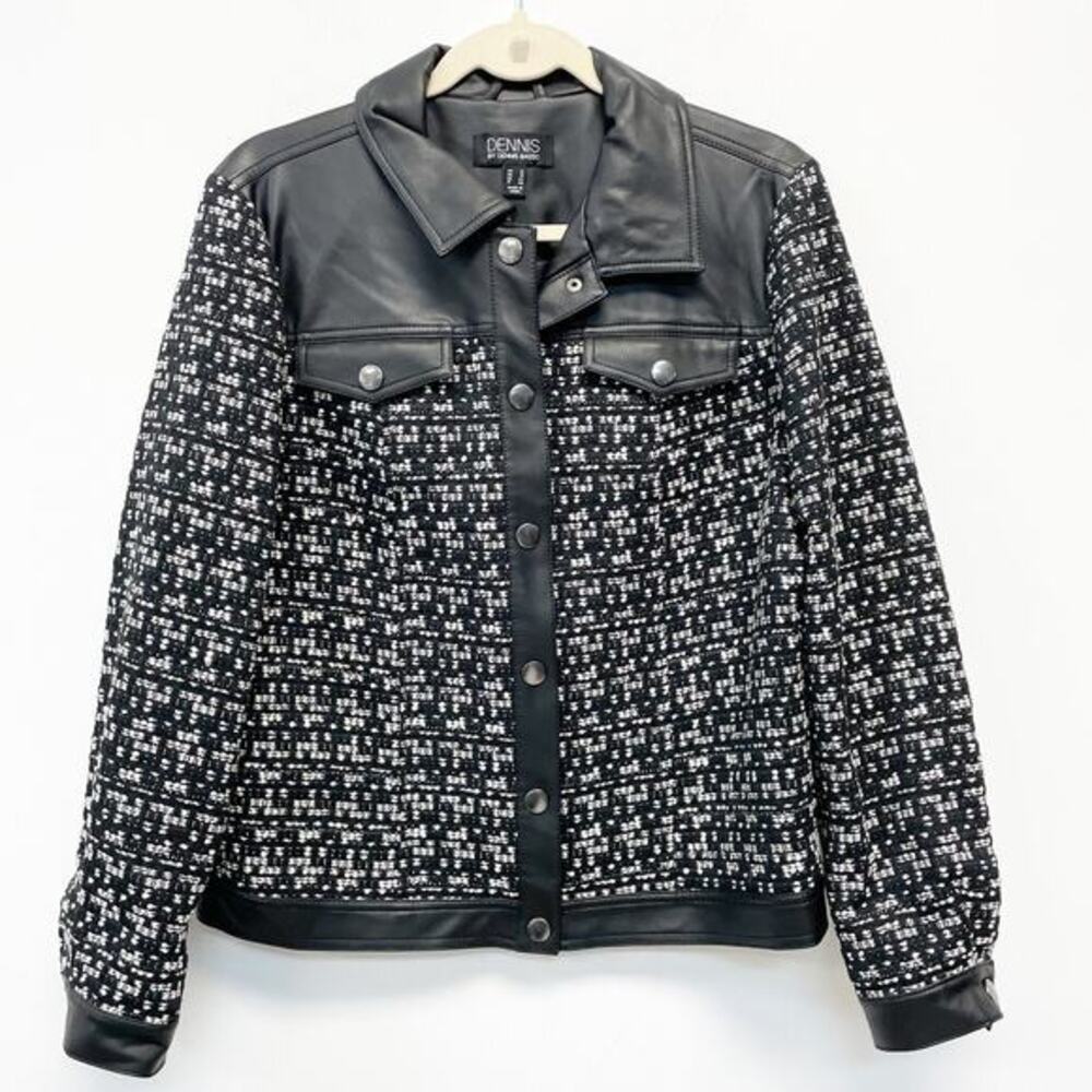 Dennis Basso Women's 12 Black Mixed Media Faux Leather‎ Tweed Snap Front Jacket